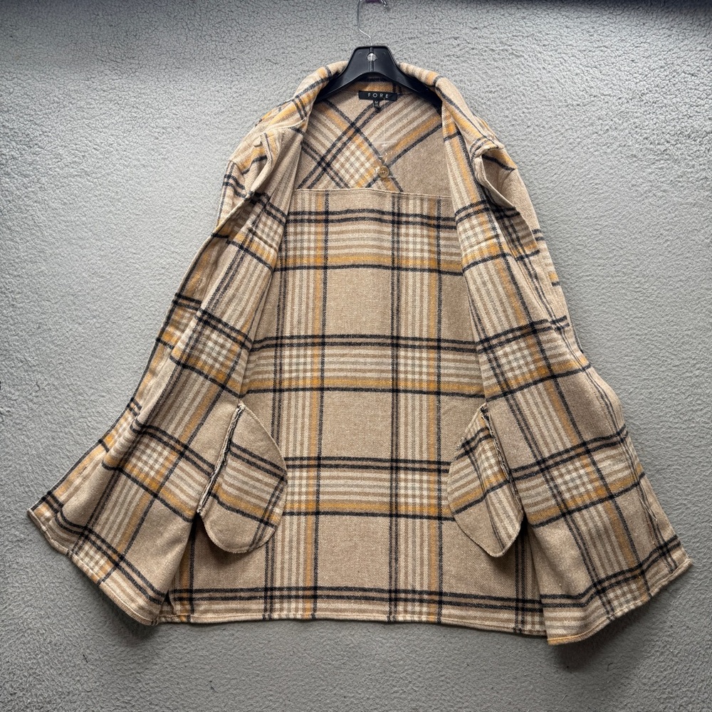 Fore Shacket Beige Plaid Fringe Button up Long Sleeve Pockets Western Women’s M - Picture 10 of 14